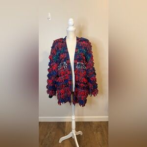 PAULA SWEET Muslin Mink Flannel Fur Red Plaid Cardigan Size M
